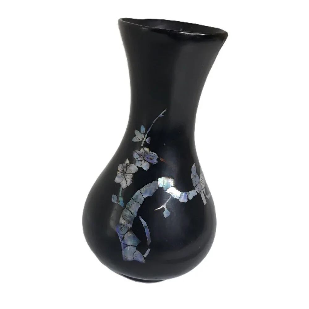 Asian Black Lacquer Mother of Pearl Inlay Bud Vase
